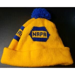 Vintage NAPA Auto Parts Beanie Winter Ski Hat Mechanic Puff Ball Yellow Blue
